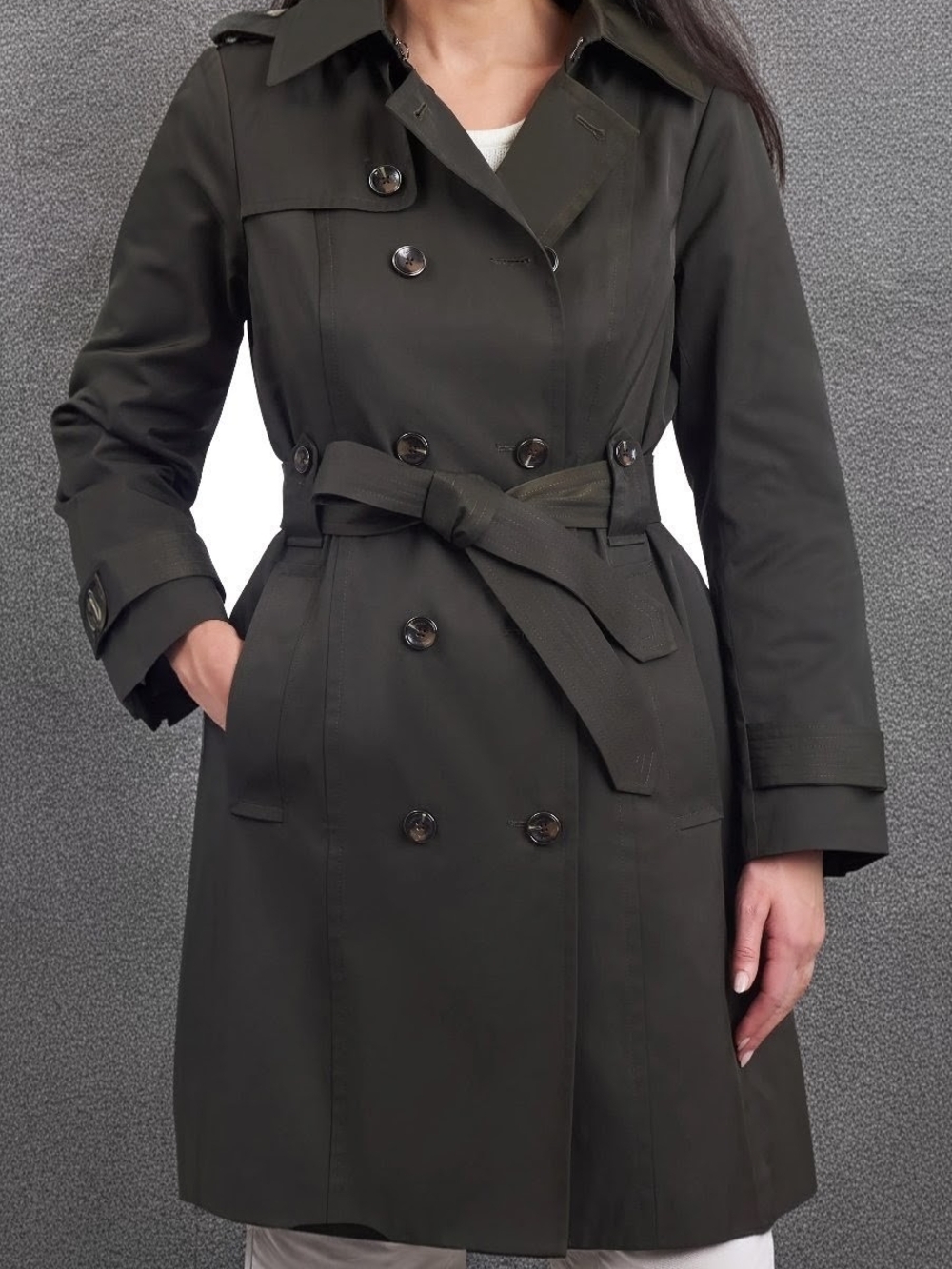 Selby Dark Grey Double-Breasted Trench Coat with Waist Tie And Detachable Hood.